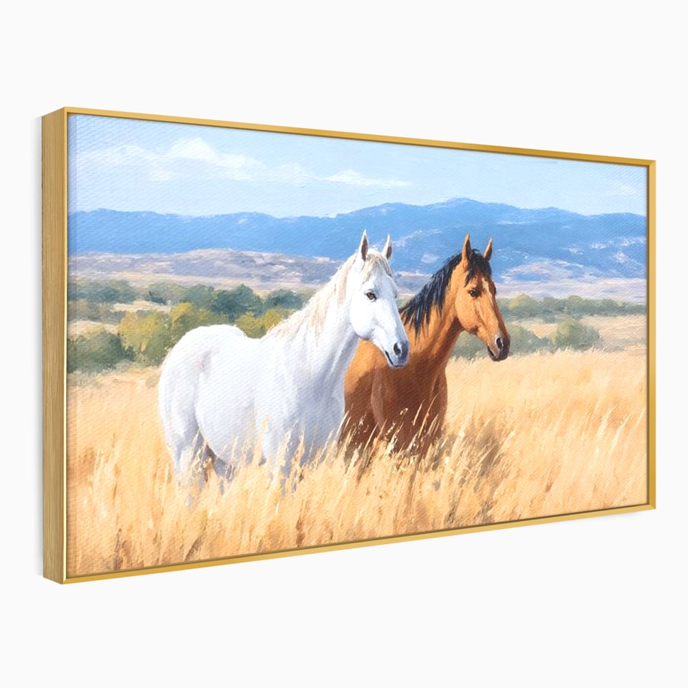 Tablou canvas cu tablou canvas cu doi cai in lan, in rama de aluminiu auriu